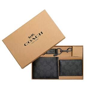 COACH MEN'S 3 IN 1 WALLET BOXED GIFT SET IN SIGNATURE CANVAS BLACK/BLACK/OXBLOOD